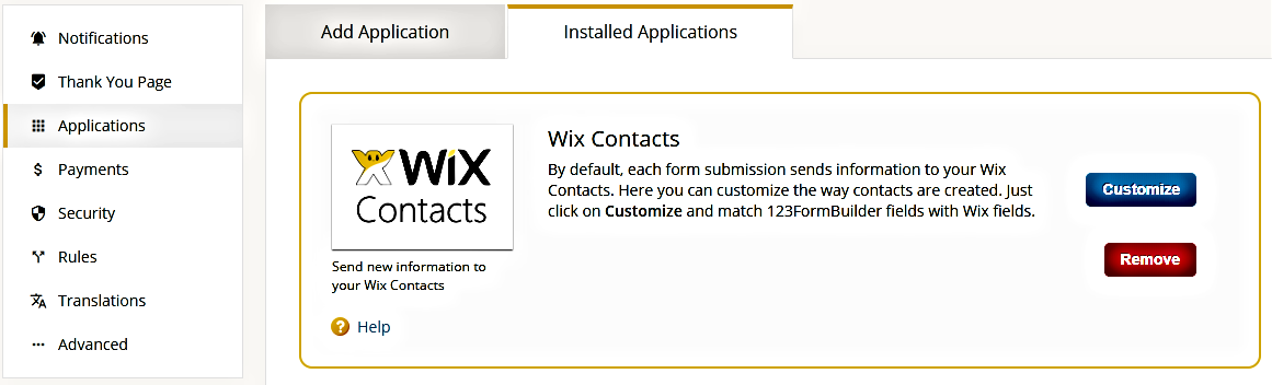 Wix Contacts integration for ></p>
<p>Hit <strong>Customize</strong>, tick the checkbox and associate Wix Contacts fields with your form fields. Press <strong>Save</strong> to keep changes and you are done.</p>
<p style=