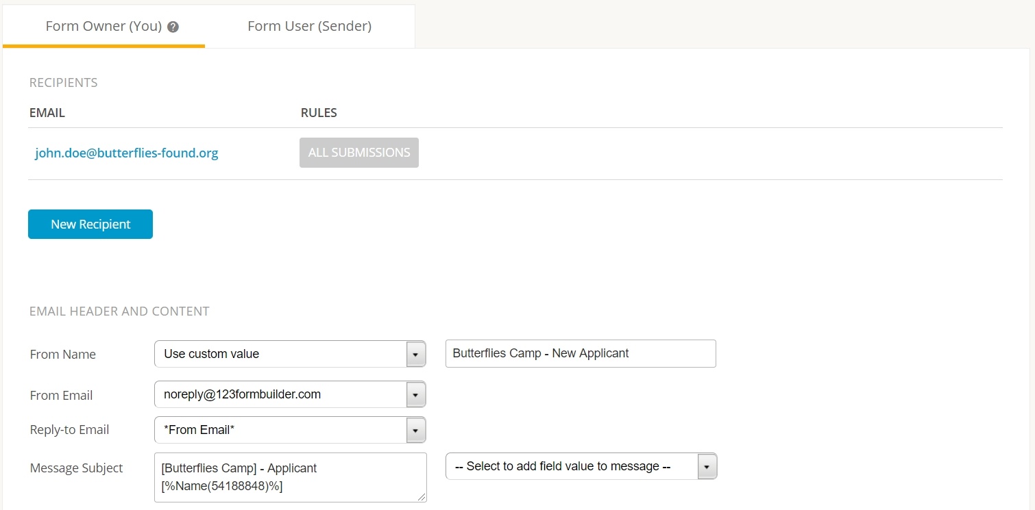 online application form with email functionality