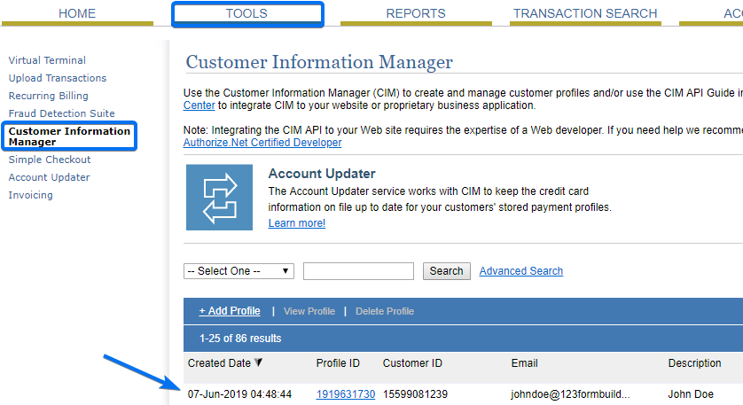 where to find customer information in authorize.net