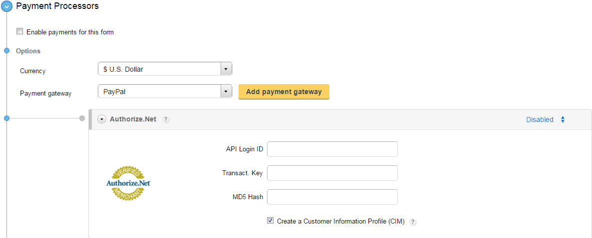 process payments in Authorize.net through order forms