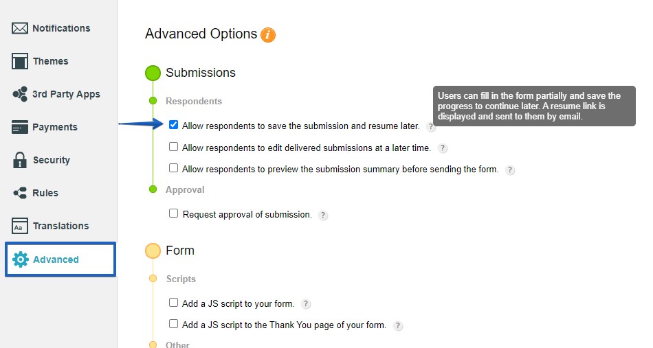 how to save and resume form submissions