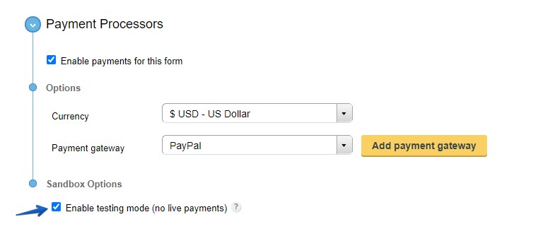 test payments on order form