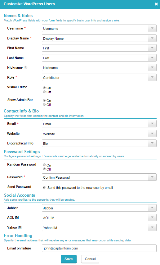 create users in wordpress through a form type integration