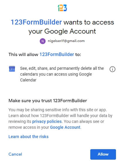 Accept Google Calendar to web form