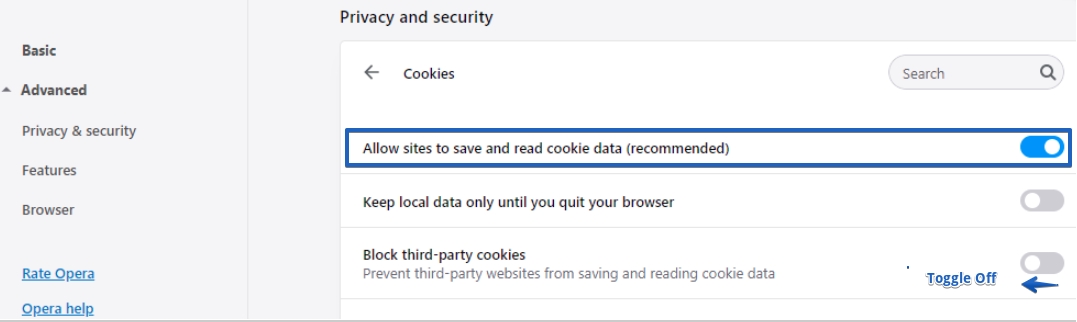 Opera Third Party Cookies Options